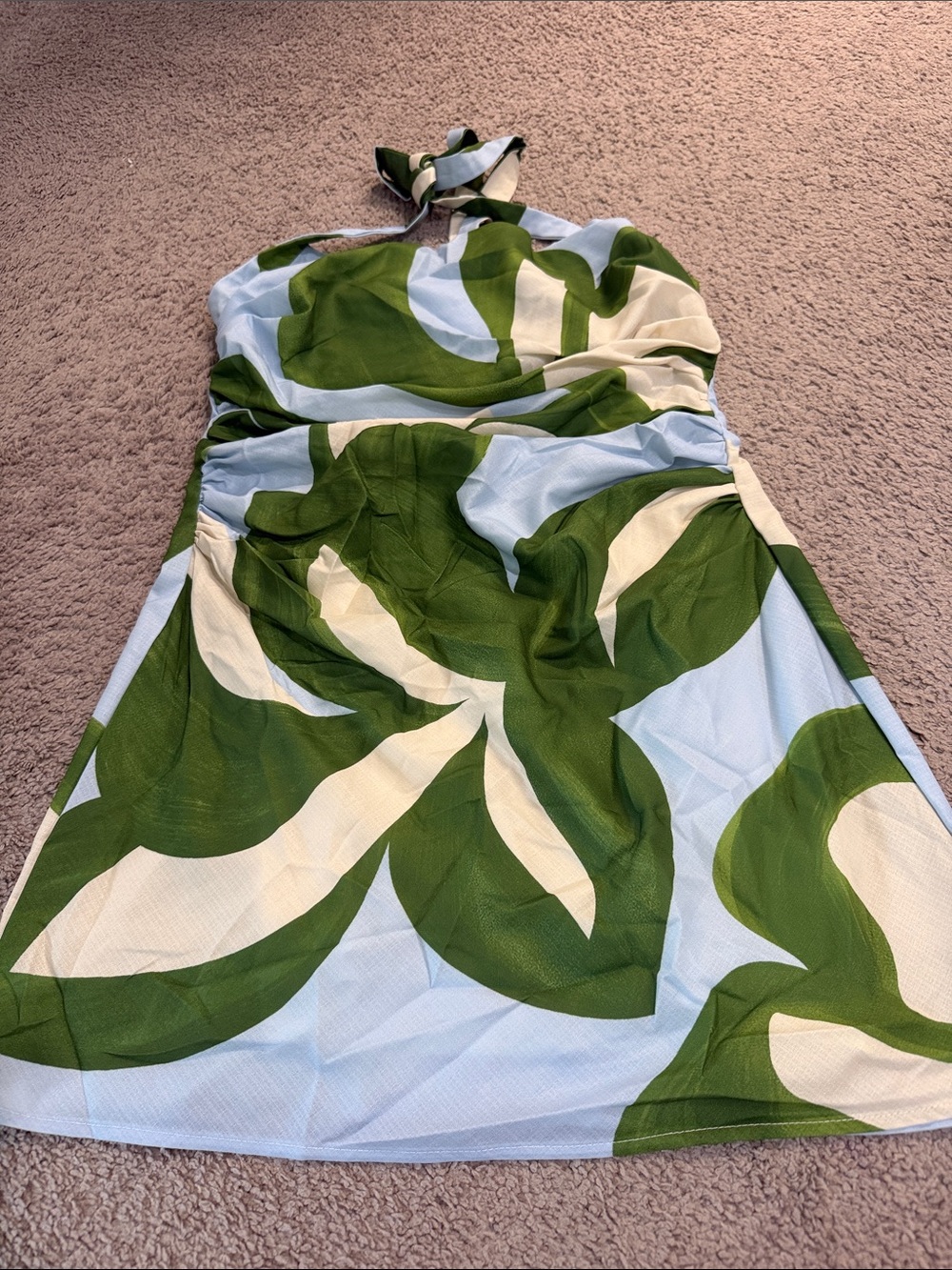 SHEIN Green and White Leaf-Print Halter Mini Dress